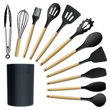 12-Piece:Non-Slip Wooden Handle Silicone Kitchen Utensils Cookware Set with Organizer Bucket Holder